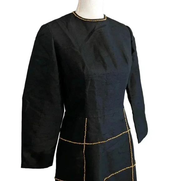 Vintage 1960s Black Gold Beaded Maxi Gown Dress Rhinestone Crystal Textured XS S - Picture 4 of 12